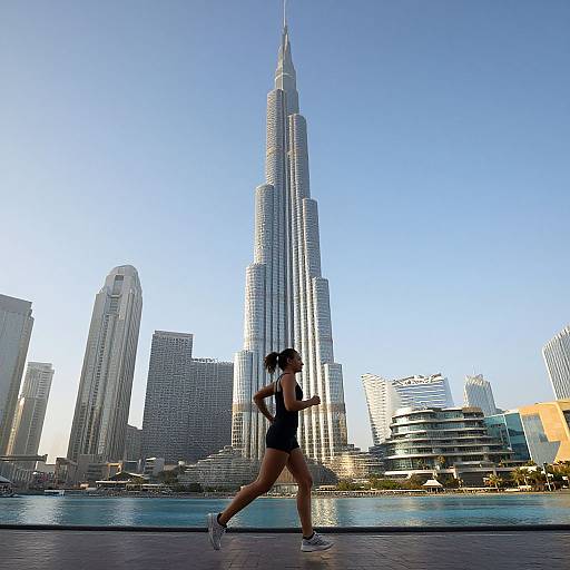 Photograph of a woman jogging in a black sports outfit and sneakers, with the Burj Khalifa towering in the background, surrounded by modern skyscrap