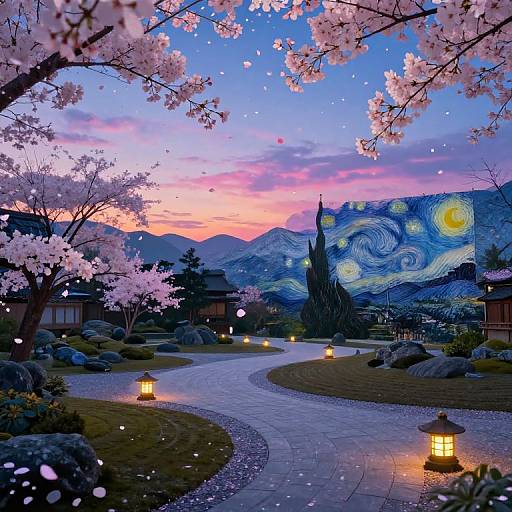 Digital artwork of a serene cherry blossom garden at sunset, featuring Van Gogh's 
