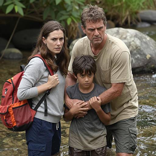 Family Moment by the Shallow Stream