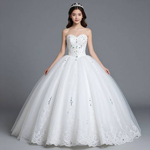 Photograph of an Asian bride with long black hair, wearing a strapless white lace wedding gown and silver tiara, standing against a plain gray background