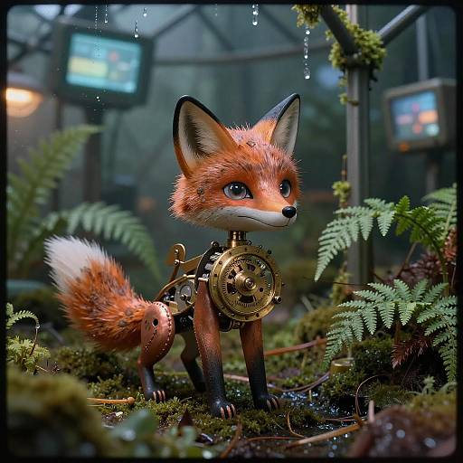 Clockwork Fox in Bioluminescent Greenhouse