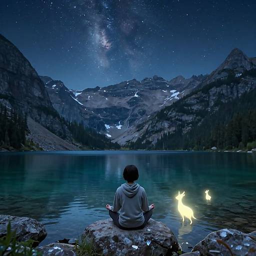 Photograph of a person in a hoodie, meditating on a rocky shore, facing a starry night sky over a mountain lake with glowing fireflies