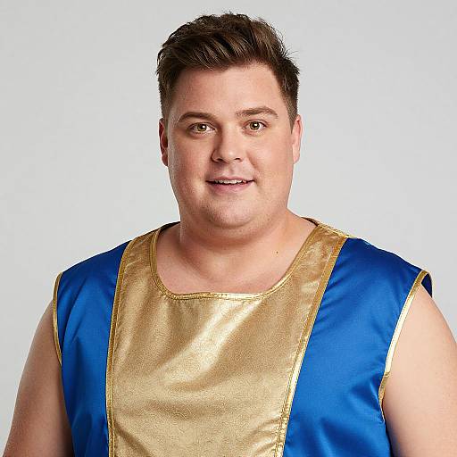 Photograph of a smiling, overweight man with short dark hair, wearing a blue and gold sleeveless wrestling-style shirt, against a white background.