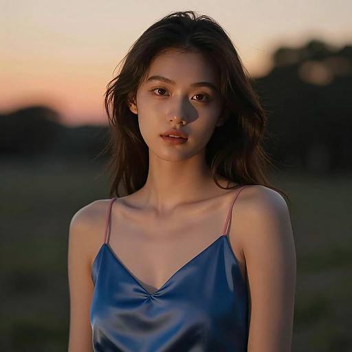 Young Woman in Silky Blue Dress at Sunset