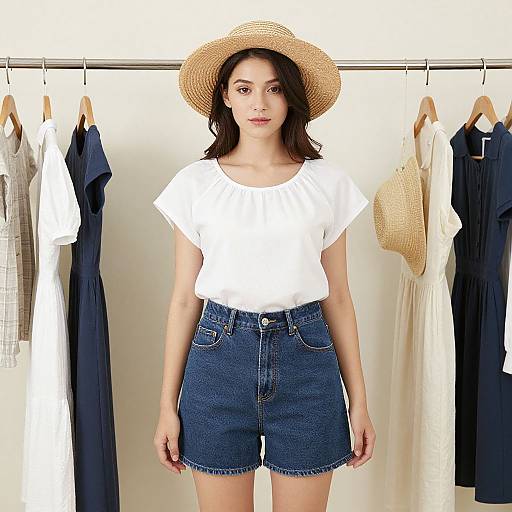 Photograph of a woman with medium skin tone, wearing a white t-shirt, blue denim shorts, and a straw hat, standing in a clothing store