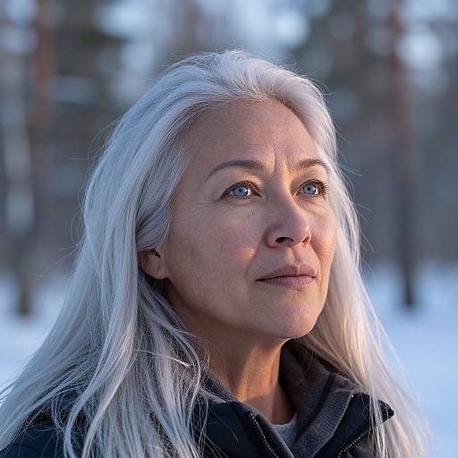Photograph of an elderly woman with long, white hair, blue eyes, and fair skin, standing in a snowy forest, wearing a dark coat,