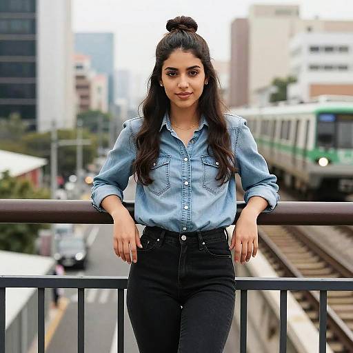 Photograph of a young woman with long dark hair in a bun, wearing a light blue button-up shirt and black high-waisted jeans, leaning