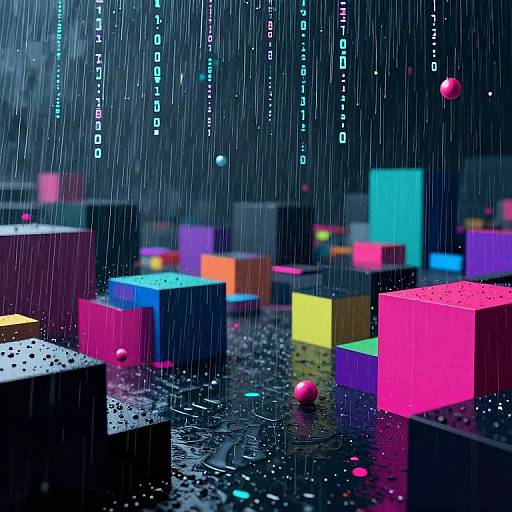 Digital art of neon-colored cubes in a rainstorm, with vertical blue and white lines in the background, glowing pink and red balls scattered on a wet
