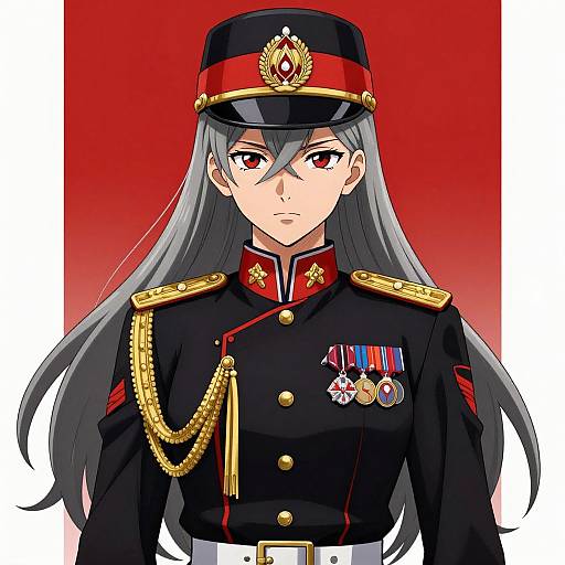 Digital anime-style drawing of a stern, long-haired, gray-haired woman in a black military uniform with red accents, gold chains, medals, and a