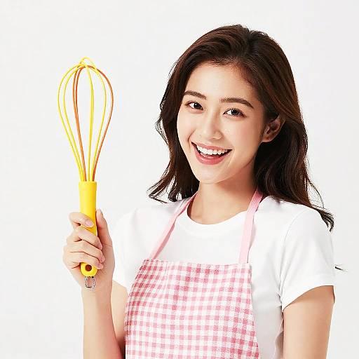 Photograph of smiling Asian woman with long black hair, wearing white shirt and pink checkered apron, holding yellow whisk against white background.