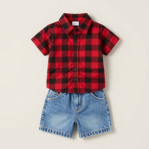 Red-Black Checked Shirt with Denim Shorts