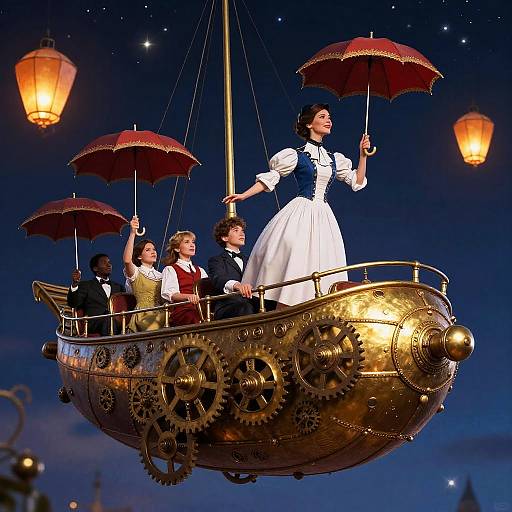 Photograph of steampunk-inspired scene: Victorian woman in white dress with blue bodice holds red umbrella, standing on brass airship, surrounded by
