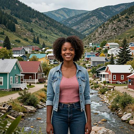 Photograph of a smiling Black woman with curly hair in a pink tank top and denim jacket, standing in front of colorful houses and a mountainous river