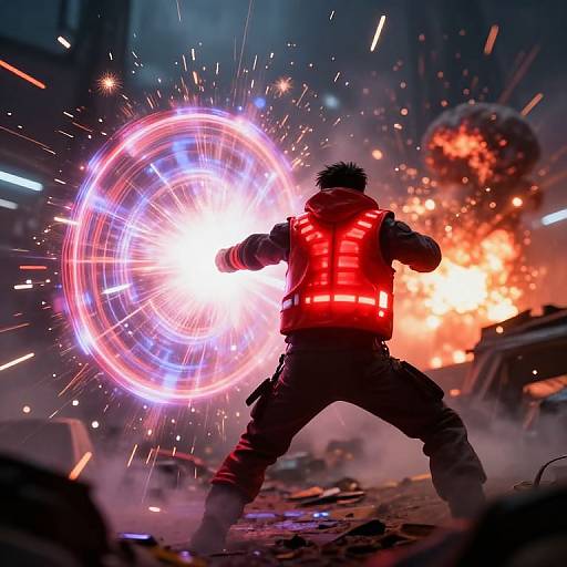 Photograph of a silhouetted action figure in a red vest firing a glowing, circular laser, surrounded by explosions and sparks in a chaotic urban