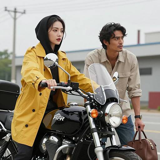 Couple by a Motorcycle in Urban Setting