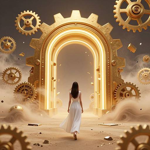 Digital artwork: A woman in a flowing white dress walks towards a glowing golden archway surrounded by floating gears and smoke.
