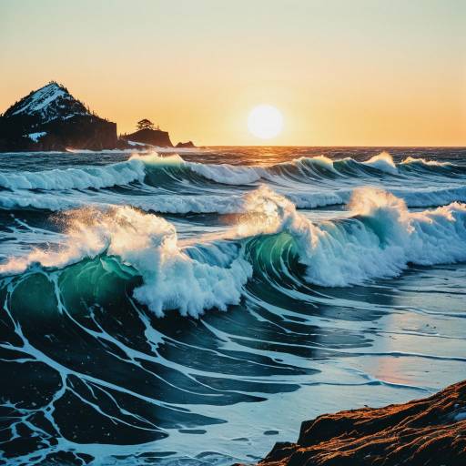 Vibrant Chromolithography of Sunset Waves