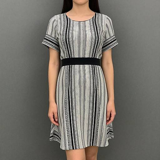 Photograph of a woman with long black hair wearing a black and white striped short-sleeve dress with a black waistband, standing against a gray