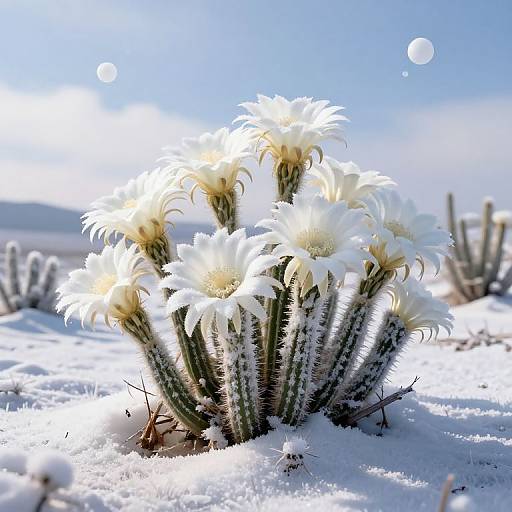 Photograph of a snow-covered cactus blooming with white flowers, set against a bright blue sky with two visible sun reflections.
