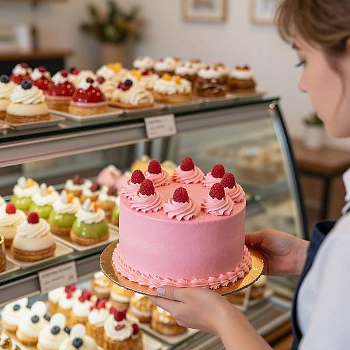 Saleswoman Presenting Vibrant Pink Cake