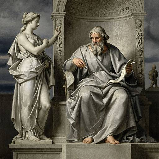 Photorealistic digital painting of an ancient Greek scene: bearded, robed man seated on ornate throne, holding scroll, with standing, draped