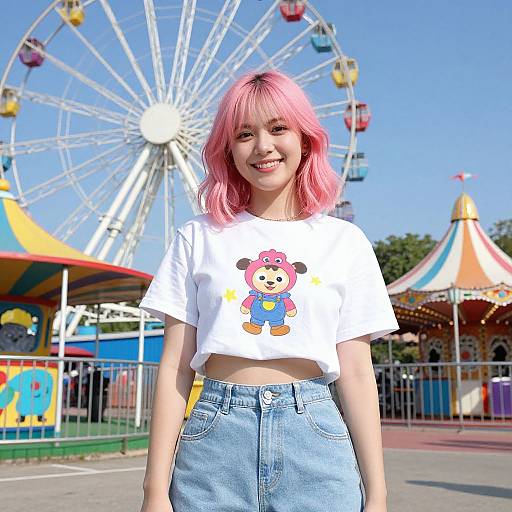 Young woman with pink hair, white crop top with cartoon character, blue high-waisted jeans, smiling at a sunny amusement park with a Ferris