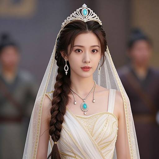 Photograph of an Asian woman with long braided brown hair, wearing a white and gold traditional wedding dress, tiara, veil, and turquoise jewelry