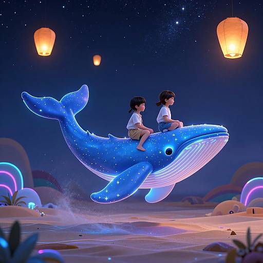 Digital illustration of two Asian girls riding a glowing blue whale under a starry night sky with floating paper lanterns.