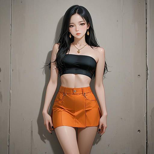 Fashionable Woman in Black Tube Top and Orange Skirt