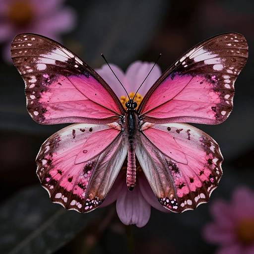 Photograph of a vibrant pink and black butterfly with white spots, perched on a pink flower against a dark, blurred background.