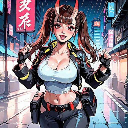 Digital anime-style drawing of a busty, horned woman with red horns, wearing a white tank top, black jacket, and fingerless gloves, standing