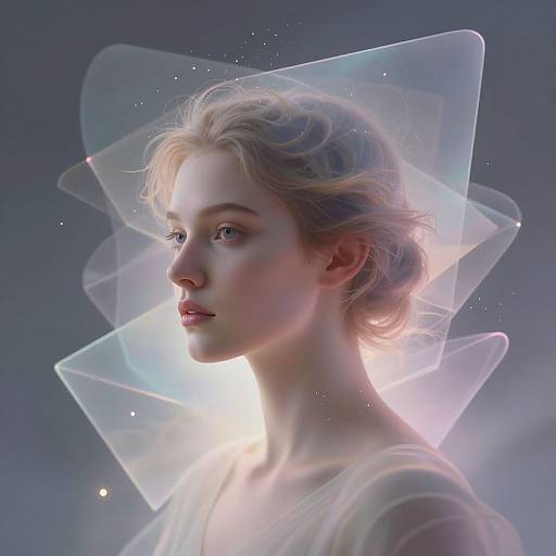 Digital artwork of a pale-skinned, blonde woman with soft, ethereal hair, glowing with a radiant light, surrounded by translucent, geometric, crystal