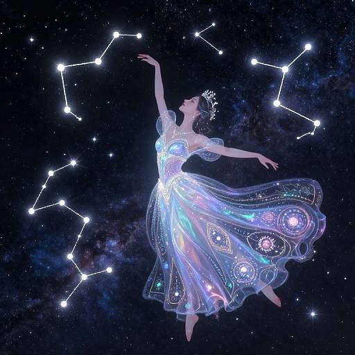 Digital art of a glowing, ethereal woman in a luminous, star-patterned dress floating in space, surrounded by constellations. She reaches