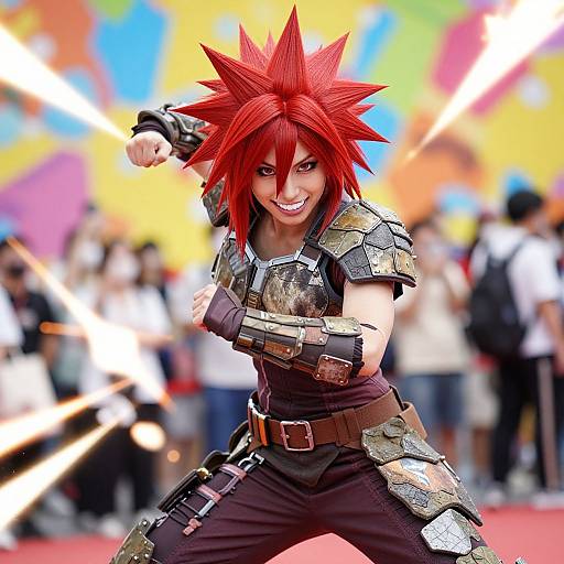 Digital artwork of spiky red-haired anime warrior with armor, smiling fiercely, firing energy beams, set against a vibrant, colorful crowd background.
