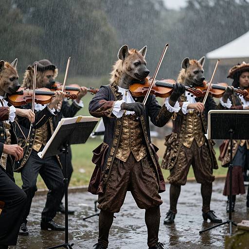 Photograph of hyenas in elaborate 18th-century attire playing violins in a rainy outdoor setting, standing on a wet grassy field.