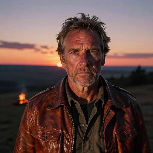 Photograph of a rugged, middle-aged man with gray hair and beard, wearing a brown leather jacket, against a colorful sunset sky.
