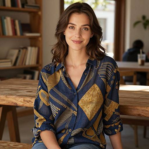 Photograph of a smiling woman with wavy dark brown hair, wearing a blue and gold patterned button-up shirt, sitting at a wooden table in