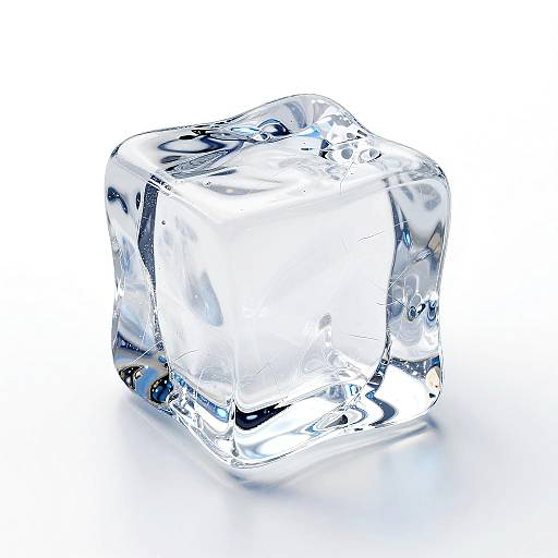Photograph of a clear, crystalline ice cube with intricate reflections and refractions, set against a pure white background.