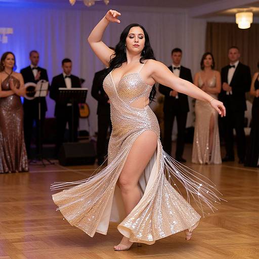 Photograph of a curvy woman with long black hair, dancing in a shimmering, silver, strapless dress with a high slit, on a