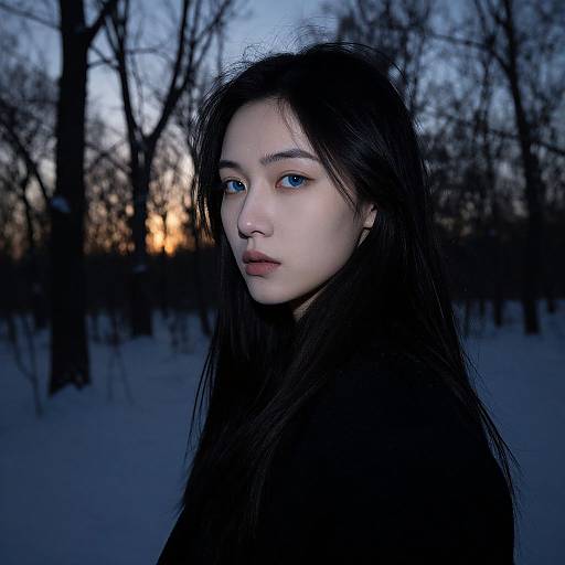 Photograph of a young Asian woman with long black hair and blue eyes, standing in a snowy forest at dusk, with bare trees and a dimly