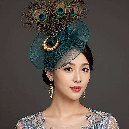 Photograph of an Asian woman with fair skin, dark hair in an updo, wearing a teal peacock feather hat, lace dress, and dangling