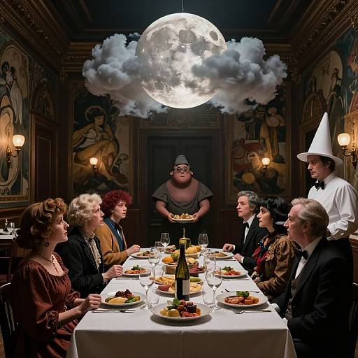 Photograph of a formal dinner party with a moon and cloud chandelier, eccentric waiter in white hat, and diverse guests in dark attire. Rich,