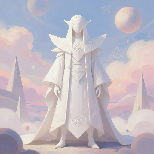 Digital art of a white, faceless, robed figure with pointed ears, standing in a pastel sky with clouds, planets, and geometric shapes