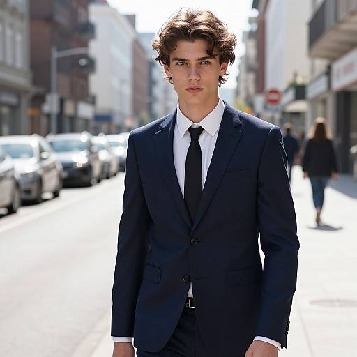 Photograph of a young, handsome man with curly brown hair in a dark navy suit, white shirt, and black tie, standing on a bright,
