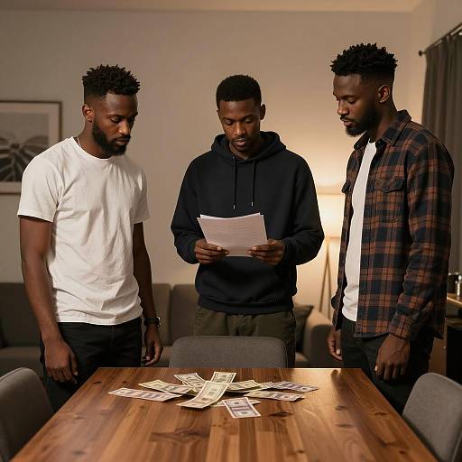Three men discussing money at wooden table