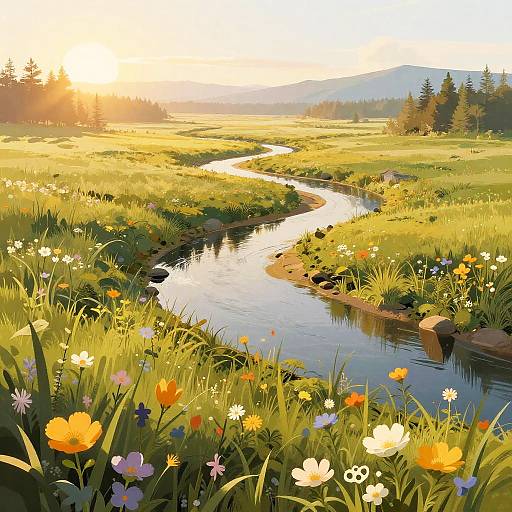 Sunlit Riverbend Meadow Illustration