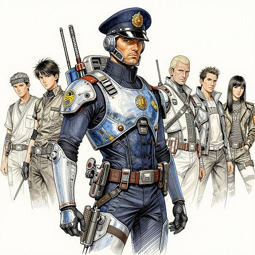 Digital anime-style drawing of a muscular, armored police officer with a gun and sword, surrounded by six diverse, armed allies.