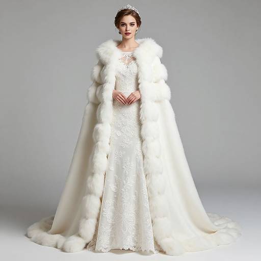 Photograph of a fair-skinned woman with dark hair in an elegant white lace wedding dress, adorned with a white fur cape, and a silver ti