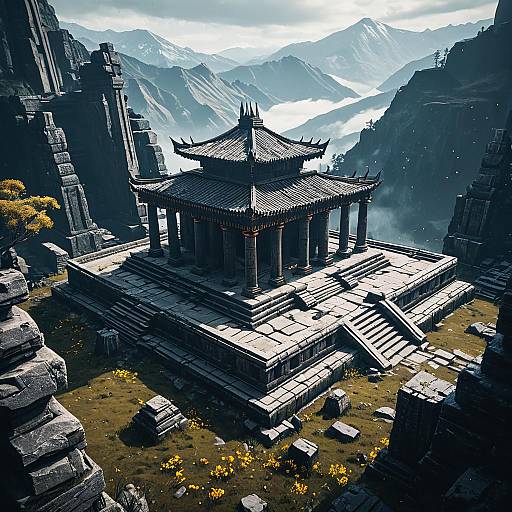 Ancient Temple Ruins in Misty Mountains