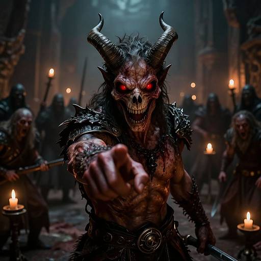 Digital artwork of a menacing demon with glowing red eyes, sharp horns, and spiked armor, extending a bloodied hand forward in a dark, candlelit